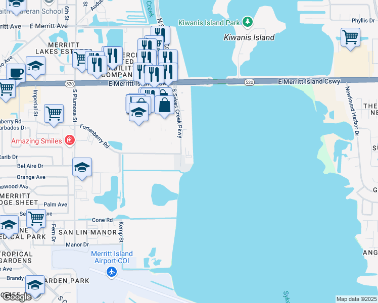 map of restaurants, bars, coffee shops, grocery stores, and more near 304 South Sykes Creek Parkway in Merritt Island