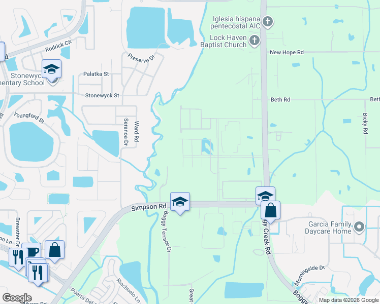 map of restaurants, bars, coffee shops, grocery stores, and more near 5411 Boggy Creek Road in Orlando