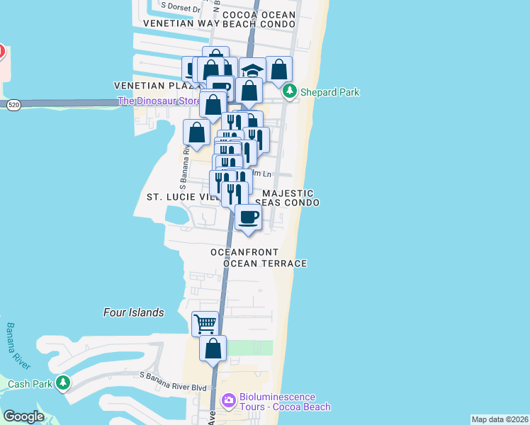 map of restaurants, bars, coffee shops, grocery stores, and more near 171 Wakulla Lane in Cocoa Beach
