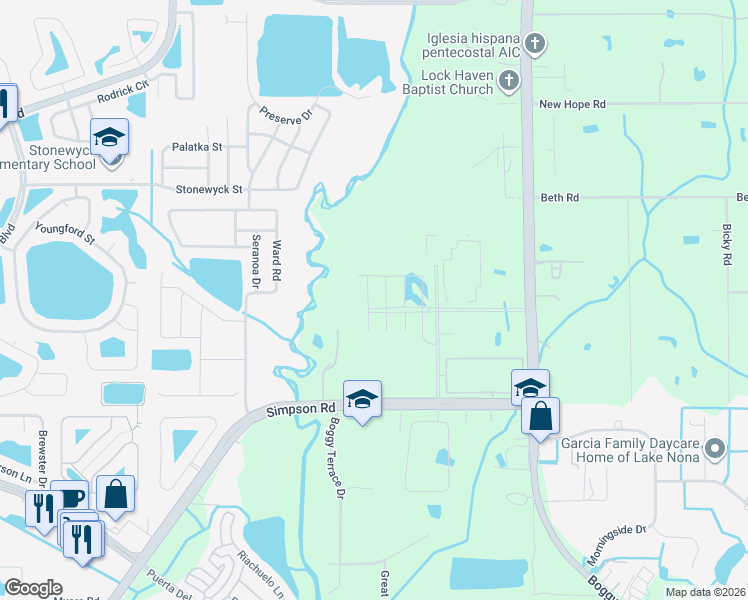 map of restaurants, bars, coffee shops, grocery stores, and more near 5411 Boggy Creek Road in Orlando