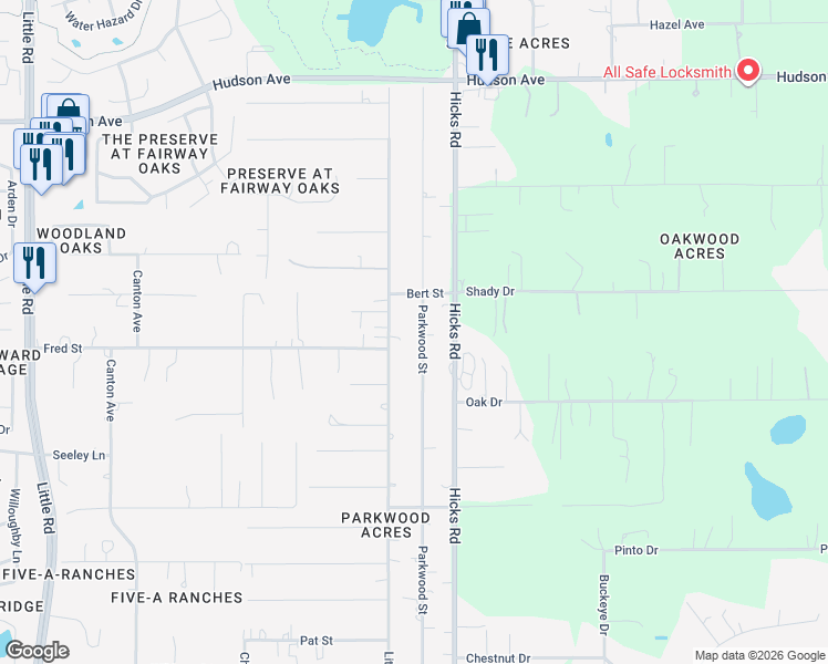 map of restaurants, bars, coffee shops, grocery stores, and more near 13333 Parkwood Street in Hudson