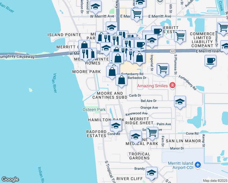 map of restaurants, bars, coffee shops, grocery stores, and more near 330 South Tropical Trail in Merritt Island