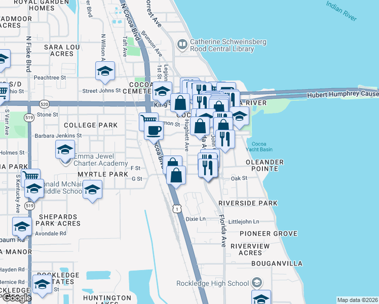 map of restaurants, bars, coffee shops, grocery stores, and more near 119 Saint Charles Street in Cocoa