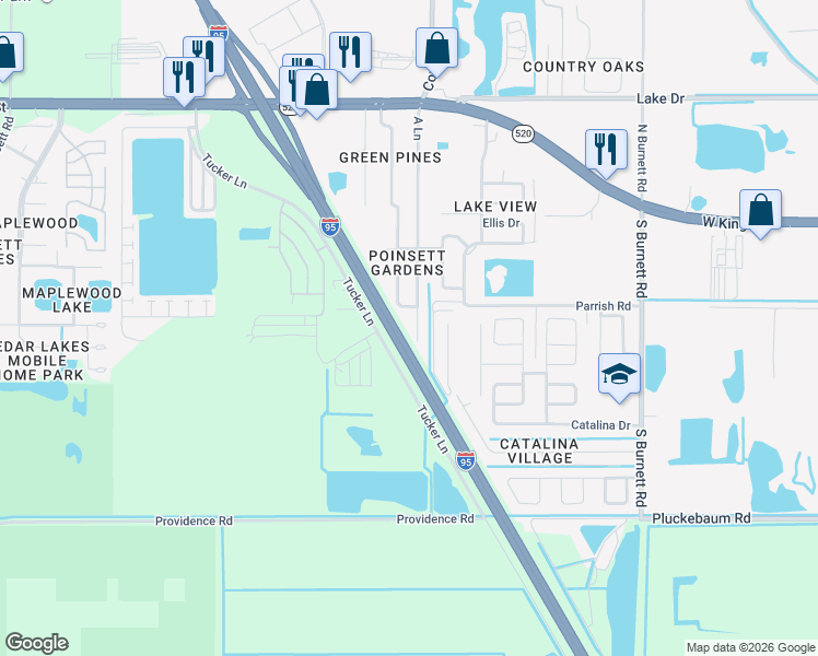 map of restaurants, bars, coffee shops, grocery stores, and more near 538 A Lane in Cocoa