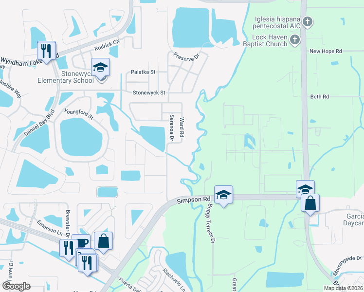 map of restaurants, bars, coffee shops, grocery stores, and more near 14577 Ward Road in Orlando