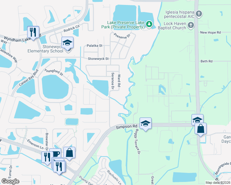 map of restaurants, bars, coffee shops, grocery stores, and more near 14577 Ward Road in Orlando
