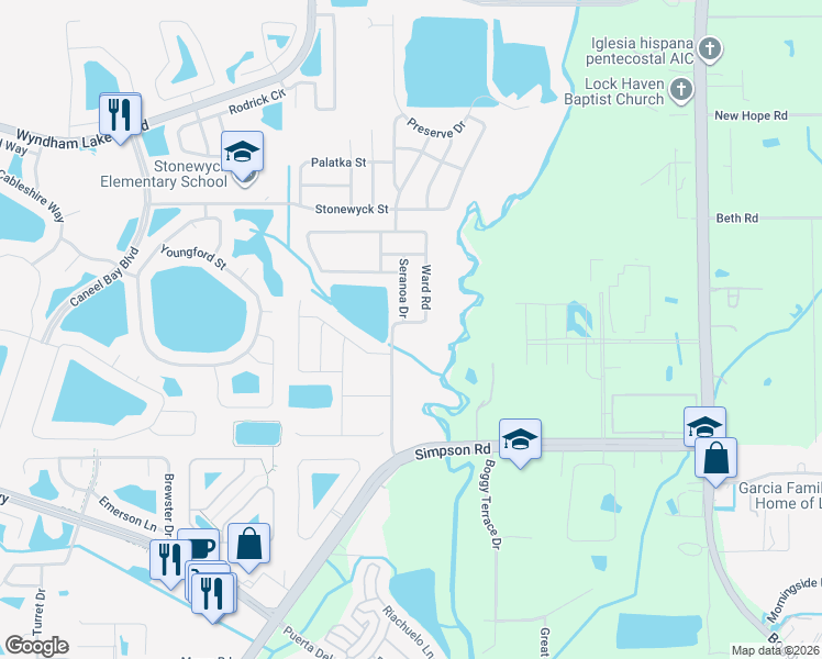 map of restaurants, bars, coffee shops, grocery stores, and more near 14577 Ward Road in Orlando