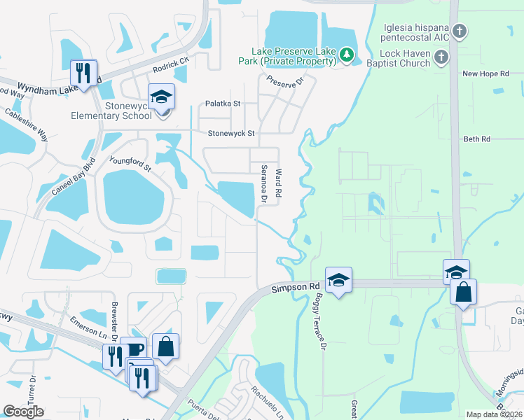 map of restaurants, bars, coffee shops, grocery stores, and more near 14577 Ward Road in Orlando