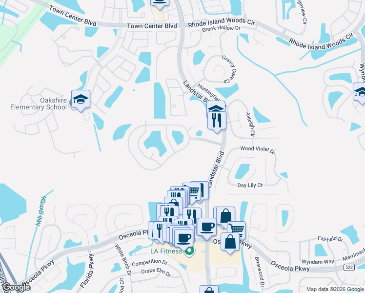 map of restaurants, bars, coffee shops, grocery stores, and more near 1318 Lake Biscayne Way in Orlando