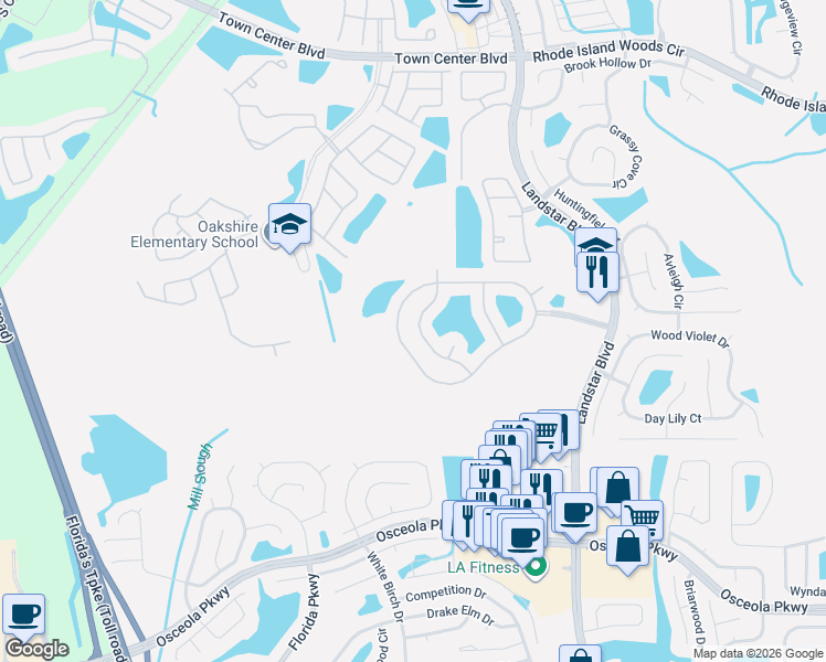 map of restaurants, bars, coffee shops, grocery stores, and more near 1015 Lake Biscayne Way in Orlando