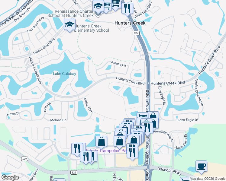 map of restaurants, bars, coffee shops, grocery stores, and more near 3331 Timucua Circle in Orlando