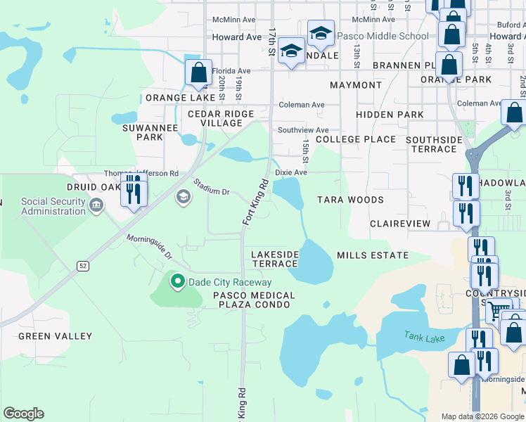 map of restaurants, bars, coffee shops, grocery stores, and more near 37300 Royal Oak Lane in Dade City