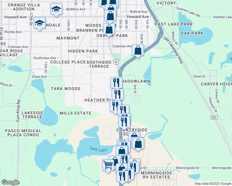 map of restaurants, bars, coffee shops, grocery stores, and more near 37937 Heather Place in Dade City