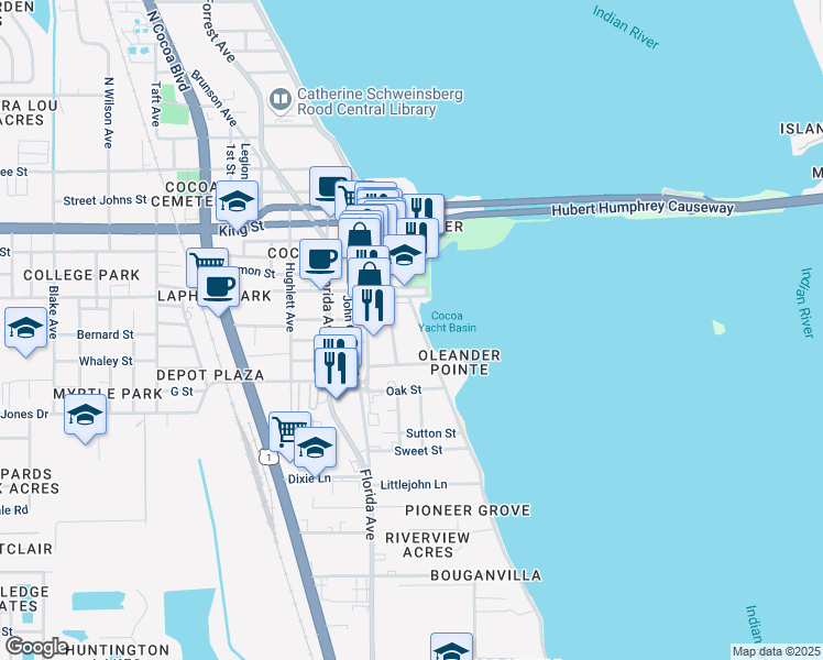 map of restaurants, bars, coffee shops, grocery stores, and more near 55 Riverside Drive in Cocoa