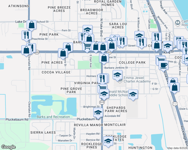 map of restaurants, bars, coffee shops, grocery stores, and more near 611 South Kentucky Avenue in Cocoa