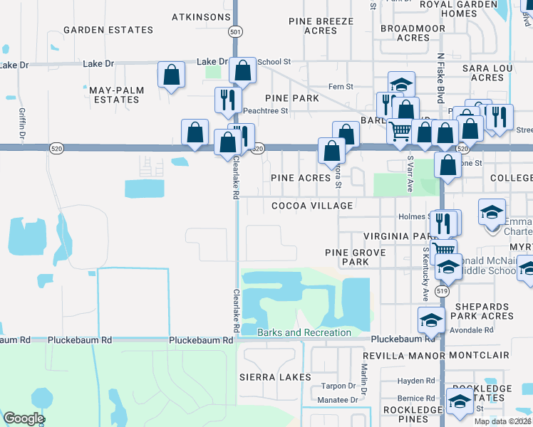 map of restaurants, bars, coffee shops, grocery stores, and more near 221 Grace Avenue in Cocoa