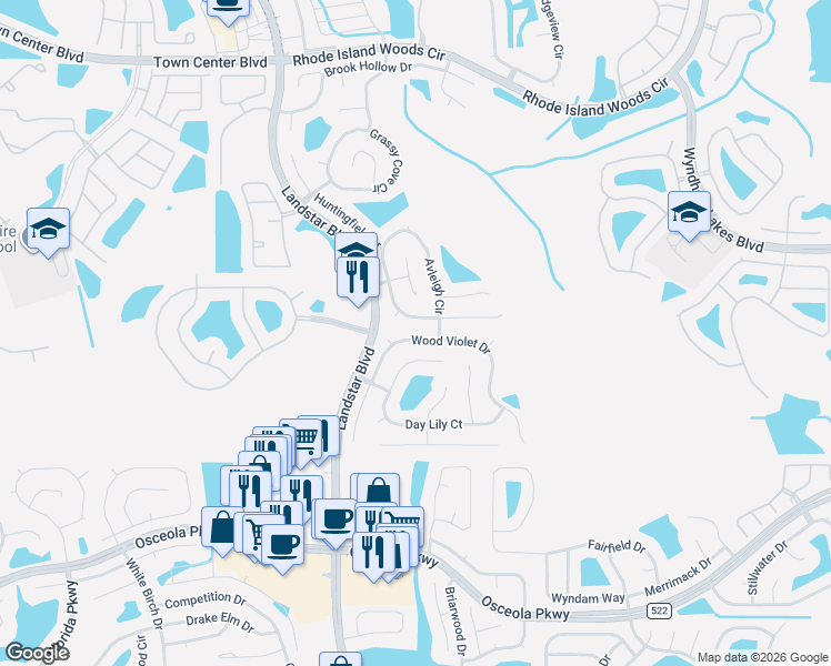 map of restaurants, bars, coffee shops, grocery stores, and more near 14728 Day Lily Court in Orlando