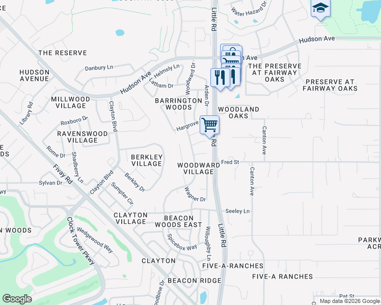 map of restaurants, bars, coffee shops, grocery stores, and more near 13403 Woodward Drive in Hudson