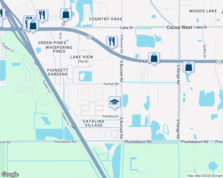 map of restaurants, bars, coffee shops, grocery stores, and more near 419 Stowe Lane in Cocoa