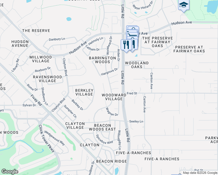 map of restaurants, bars, coffee shops, grocery stores, and more near 13311 Woodward Drive in Hudson