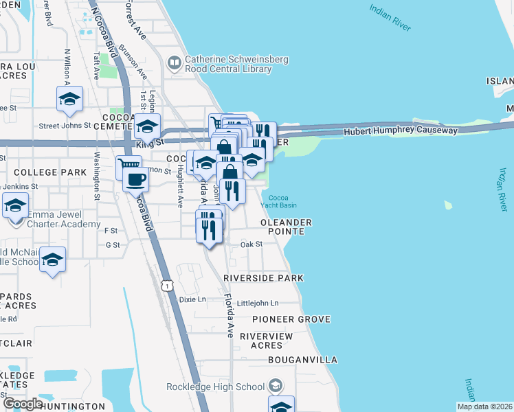 map of restaurants, bars, coffee shops, grocery stores, and more near 55 Riverside Drive in Cocoa