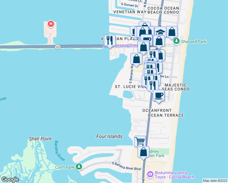 map of restaurants, bars, coffee shops, grocery stores, and more near 3601 South Banana River Boulevard in Cocoa Beach