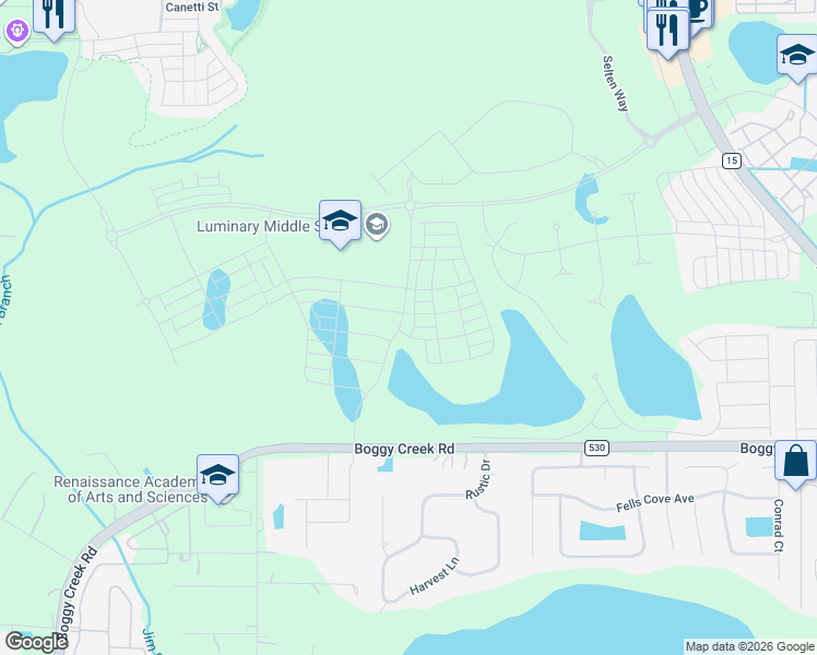 map of restaurants, bars, coffee shops, grocery stores, and more near 4600-4620 Boggy Creek Road in Kissimmee