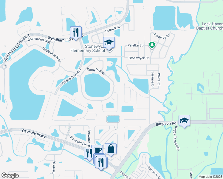 map of restaurants, bars, coffee shops, grocery stores, and more near 2848 Youngford Street in Orlando