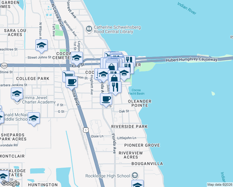 map of restaurants, bars, coffee shops, grocery stores, and more near 111 Maryland Avenue in Cocoa