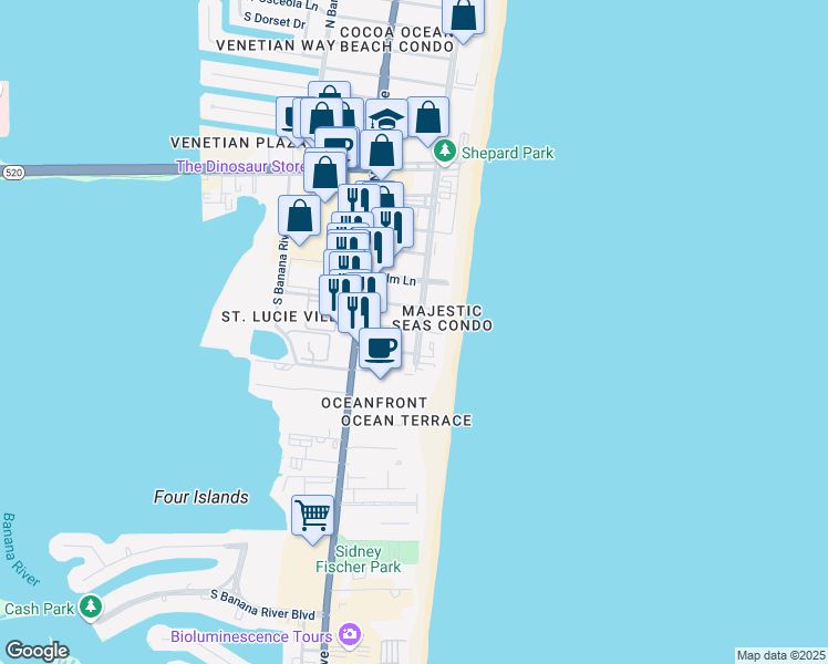 map of restaurants, bars, coffee shops, grocery stores, and more near 118 Saint Lucie Lane in Cocoa Beach