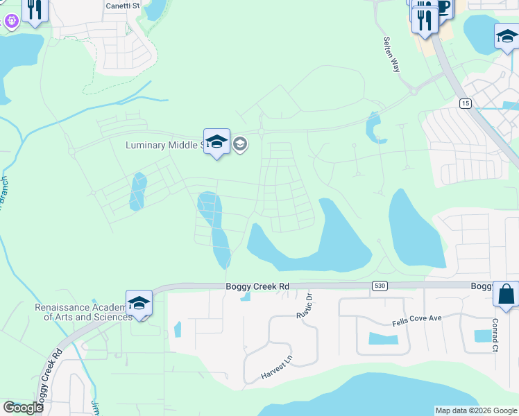 map of restaurants, bars, coffee shops, grocery stores, and more near 4600-4620 Boggy Creek Road in Kissimmee