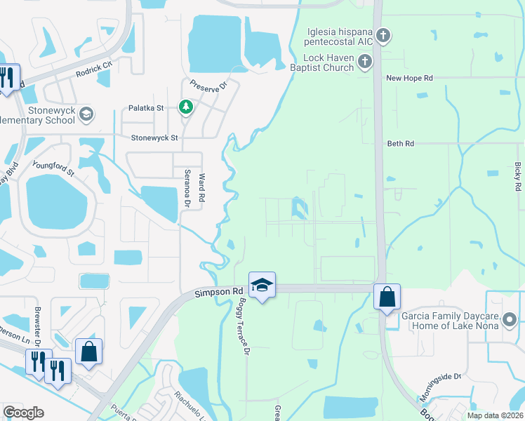 map of restaurants, bars, coffee shops, grocery stores, and more near 14700 Boggy Creek Road in Orlando