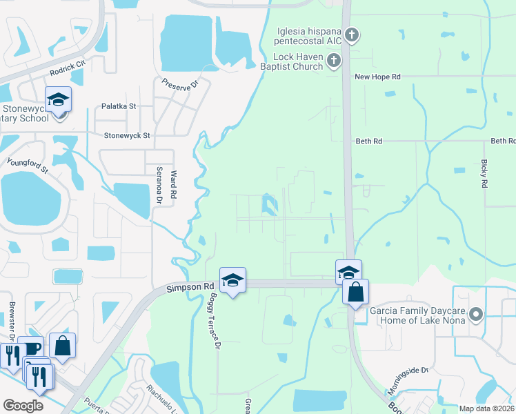map of restaurants, bars, coffee shops, grocery stores, and more near 14700 Boggy Creek Road in Orlando