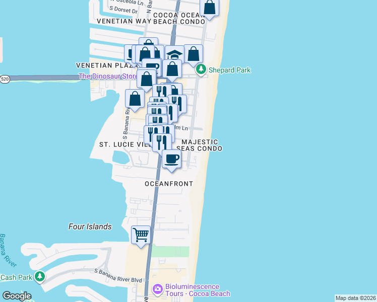 map of restaurants, bars, coffee shops, grocery stores, and more near 3699 Ocean Beach Boulevard in Cocoa Beach