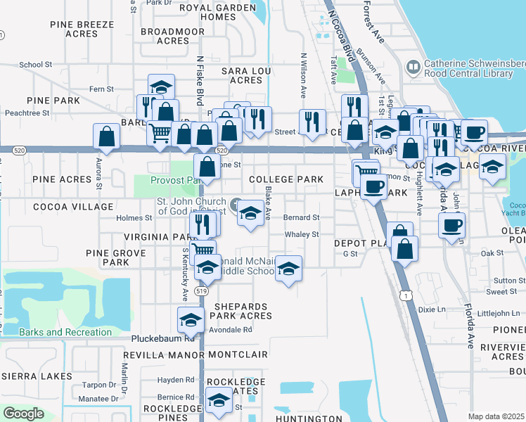 map of restaurants, bars, coffee shops, grocery stores, and more near 714 Thomas Lane in Cocoa