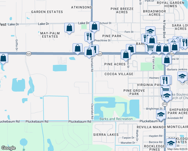 map of restaurants, bars, coffee shops, grocery stores, and more near 204 Coral Way in Cocoa