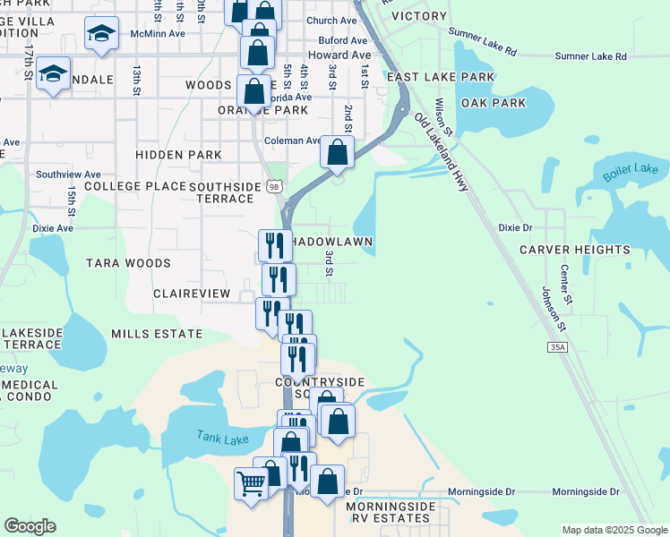 map of restaurants, bars, coffee shops, grocery stores, and more near 38120 Shadow Drive in Dade City