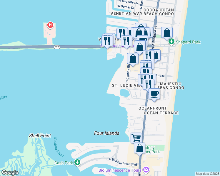 map of restaurants, bars, coffee shops, grocery stores, and more near 3601 South Banana River Boulevard in Cocoa Beach