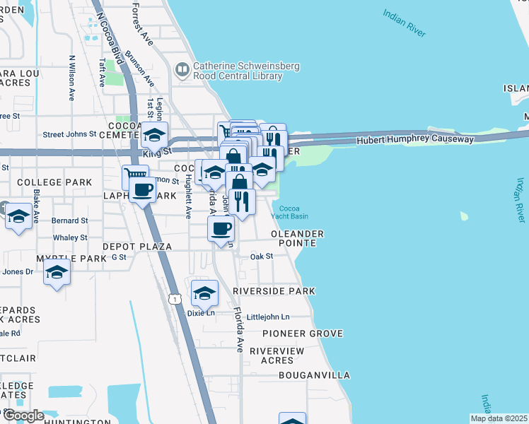 map of restaurants, bars, coffee shops, grocery stores, and more near 23 Riverside Drive in Cocoa