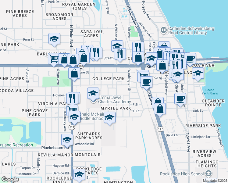 map of restaurants, bars, coffee shops, grocery stores, and more near 439 Barbara Jenkins Street in Cocoa
