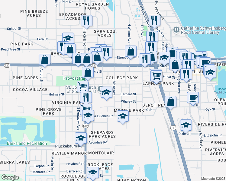 map of restaurants, bars, coffee shops, grocery stores, and more near 714 Thomas Lane in Cocoa