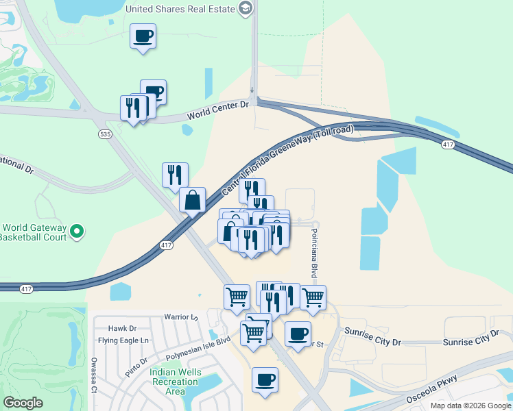 map of restaurants, bars, coffee shops, grocery stores, and more near 8125 Resort Village Drive in Orlando