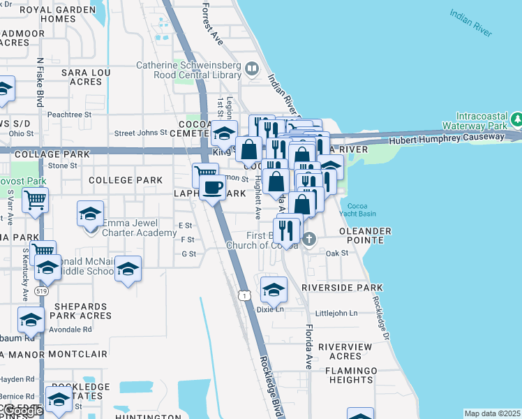 map of restaurants, bars, coffee shops, grocery stores, and more near 127 Factory Street in Cocoa