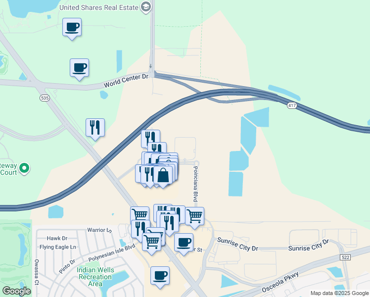 map of restaurants, bars, coffee shops, grocery stores, and more near 6011 Vineland Resort Way in Orlando