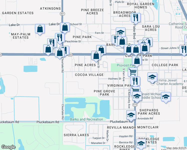 map of restaurants, bars, coffee shops, grocery stores, and more near 1301 Jackson Street in Cocoa