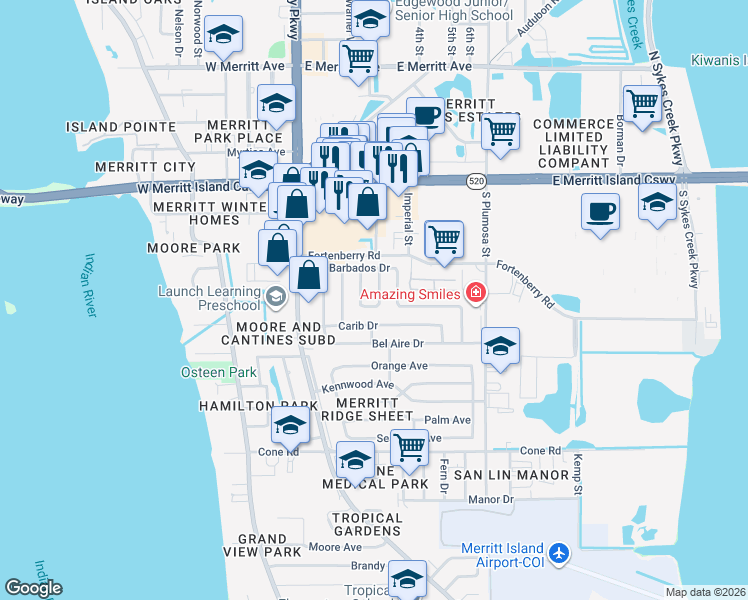 map of restaurants, bars, coffee shops, grocery stores, and more near 265 East Lauren Court in Merritt Island