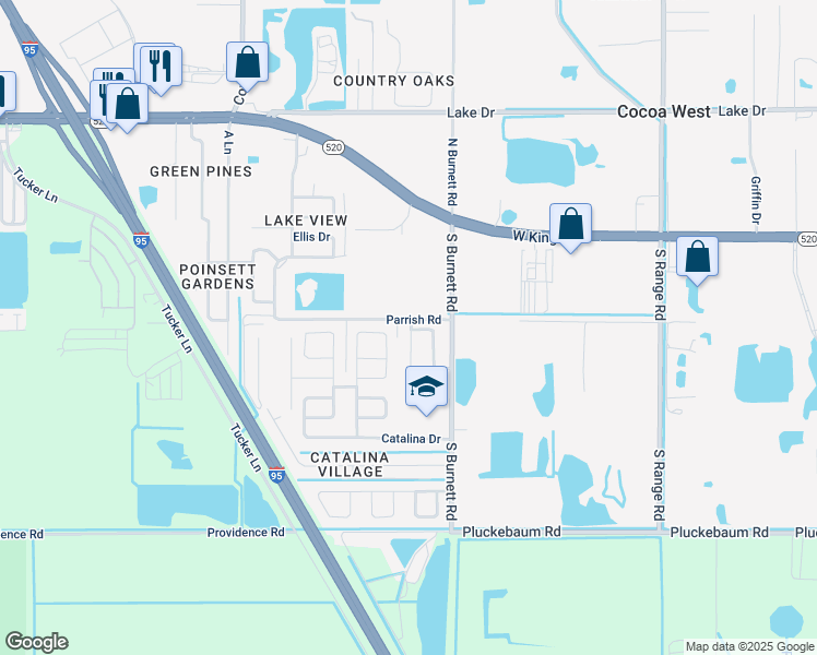 map of restaurants, bars, coffee shops, grocery stores, and more near 3655 Parrish Road in Cocoa