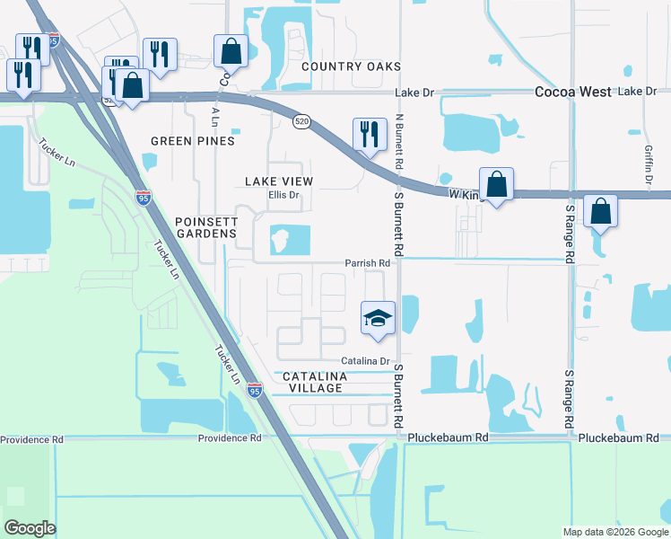 map of restaurants, bars, coffee shops, grocery stores, and more near 3774 Wood Circle in Cocoa