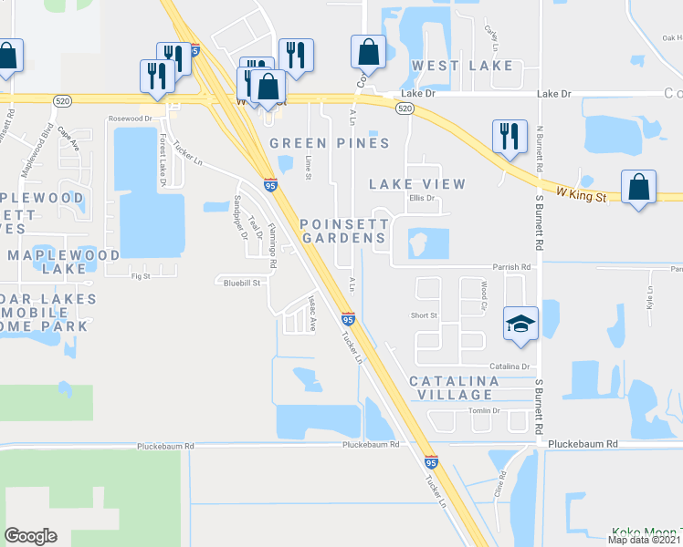 map of restaurants, bars, coffee shops, grocery stores, and more near 522 A Lane in Cocoa