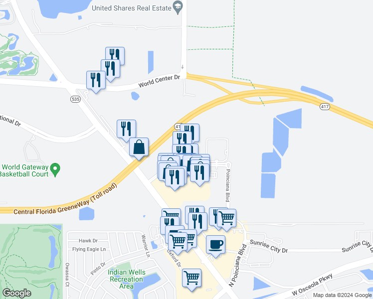 map of restaurants, bars, coffee shops, grocery stores, and more near 8125 Resort Village Drive in Orlando